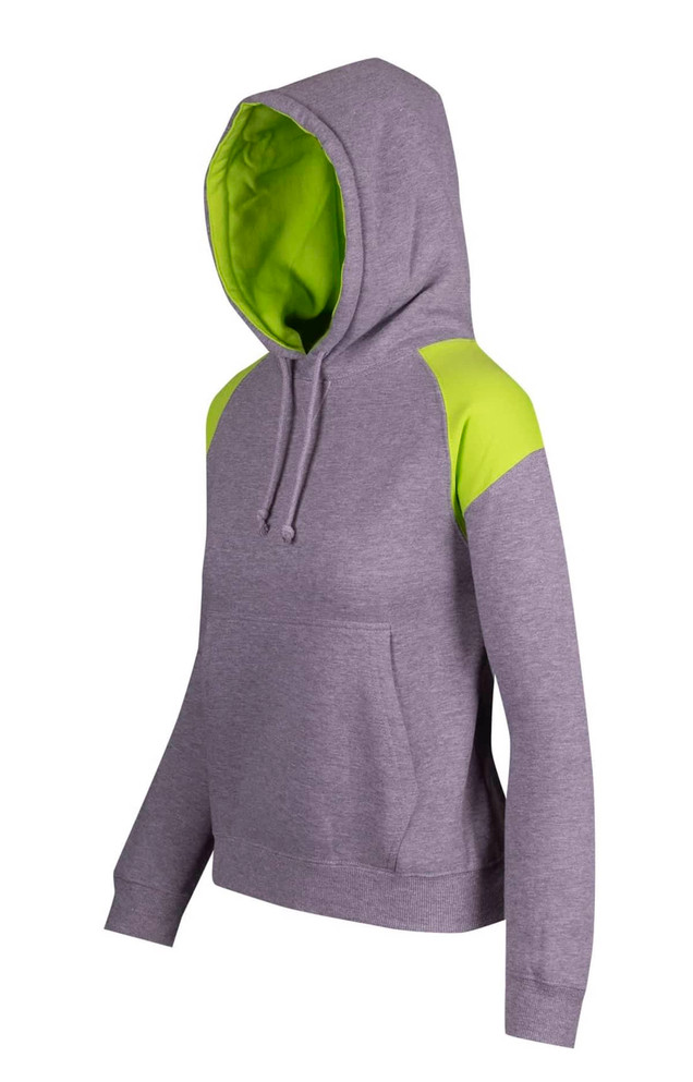 A grey hoodie with contrasting bright green shoulder panels and a front pouch pocket, featuring a hood.