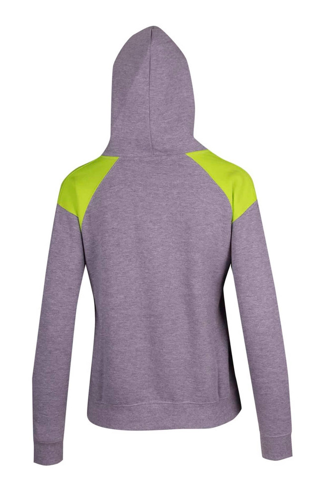 A grey hoodie with black contrast panels on the shoulders and a hood, featuring a logo on the back.
