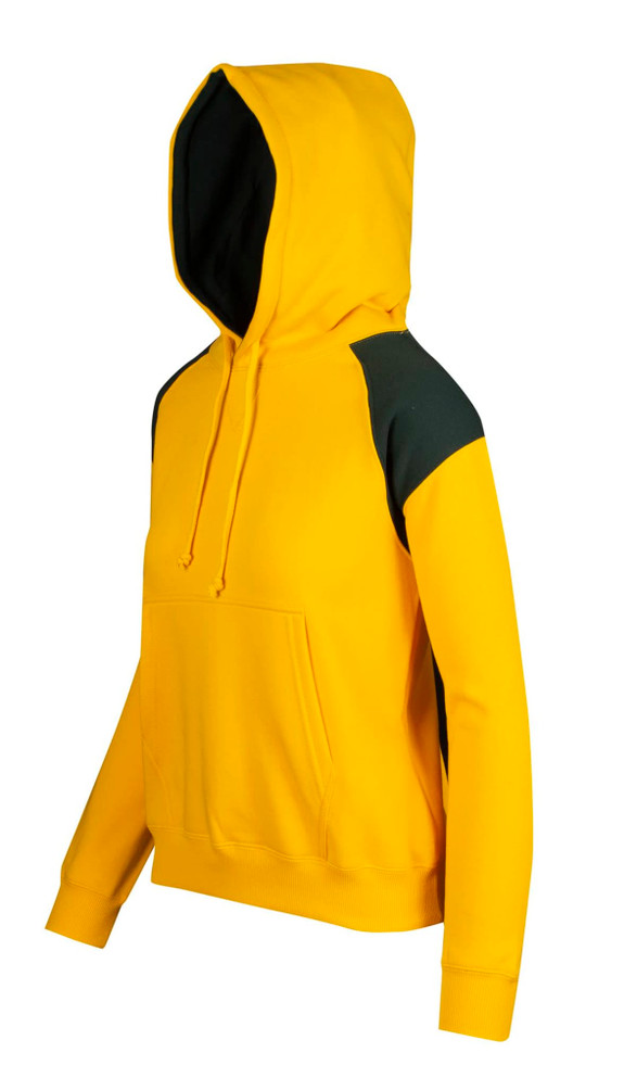 A yellow hoodie featuring dark green contrast panels on the shoulders and kangaroo pocket, with a hood.