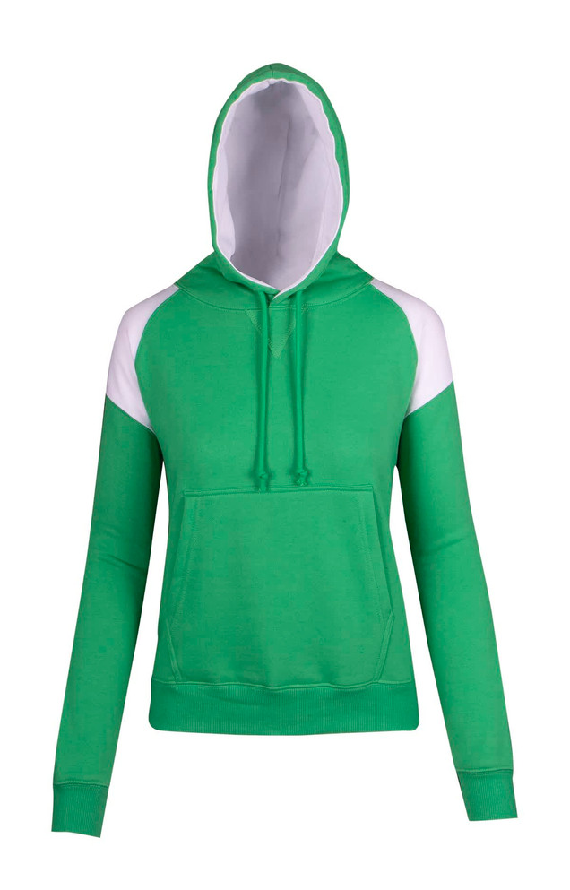 A green and white hoodie with a contrast panel design and a front pocket, featuring a hood and long sleeves.