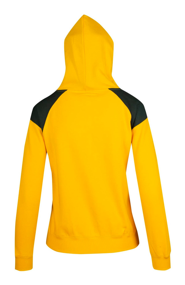 A hooded jumper in bright yellow with contrasting black panels on the shoulders and a fitted silhouette.