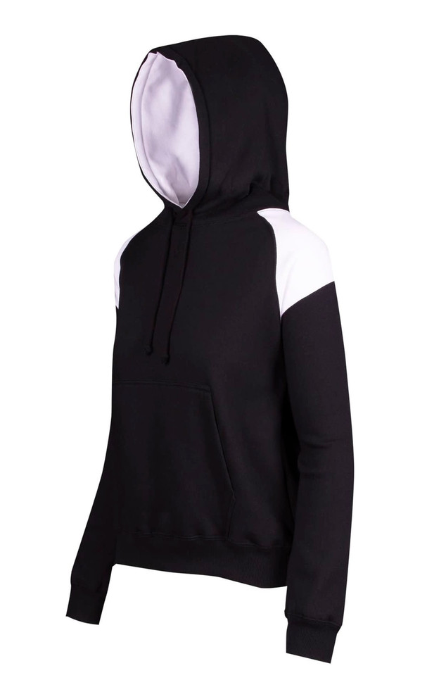 A black hoodie with contrast white panels on the shoulders, featuring a front pocket and a drawstring hood.