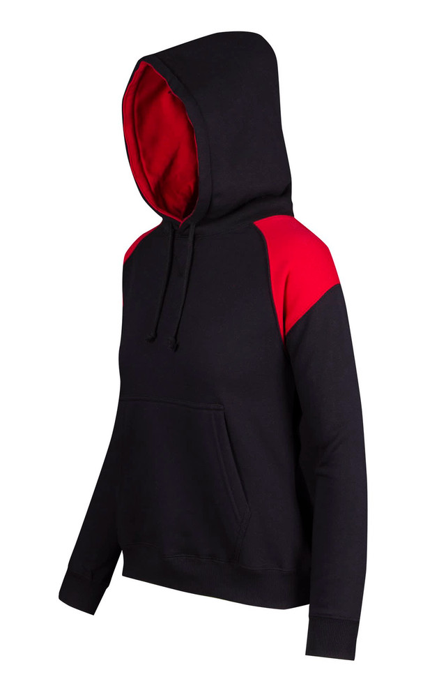 A black hoodie with red shoulder panels and a red interior, featuring a front pocket and a hood.