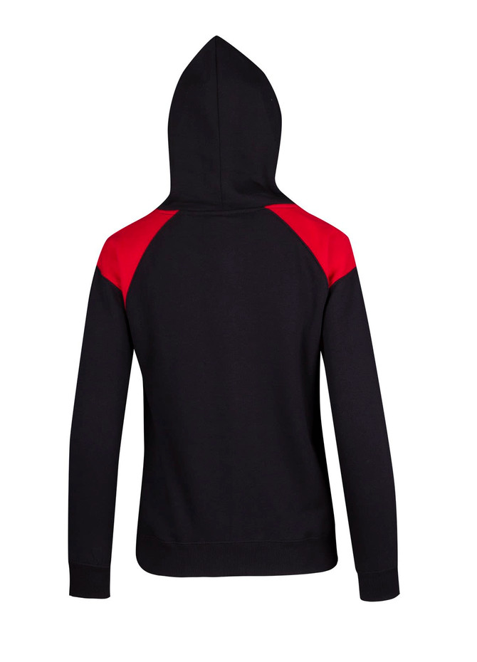 A black hoodie with red shoulder contrast panels and a hood, featuring a branding logo.