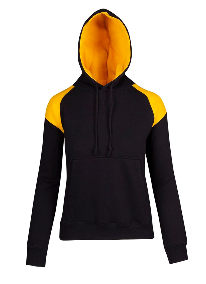 A black hoodie with yellow contrast panels, featuring a hood and a front pocket. It has a logo on it.