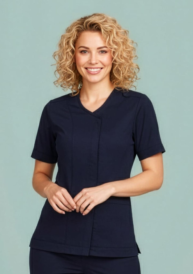 A navy blue women's scrub top with a zip front and crossover design, featuring short sleeves and a fitted style.