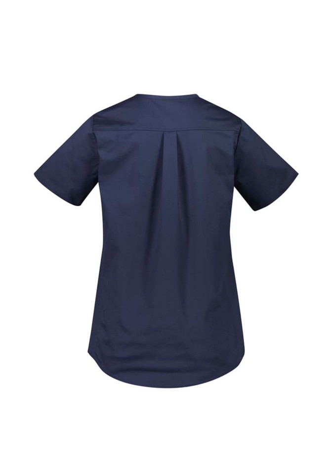 A navy women's scrub top with a short sleeve design and a pleated back. Features a logo on the garment.