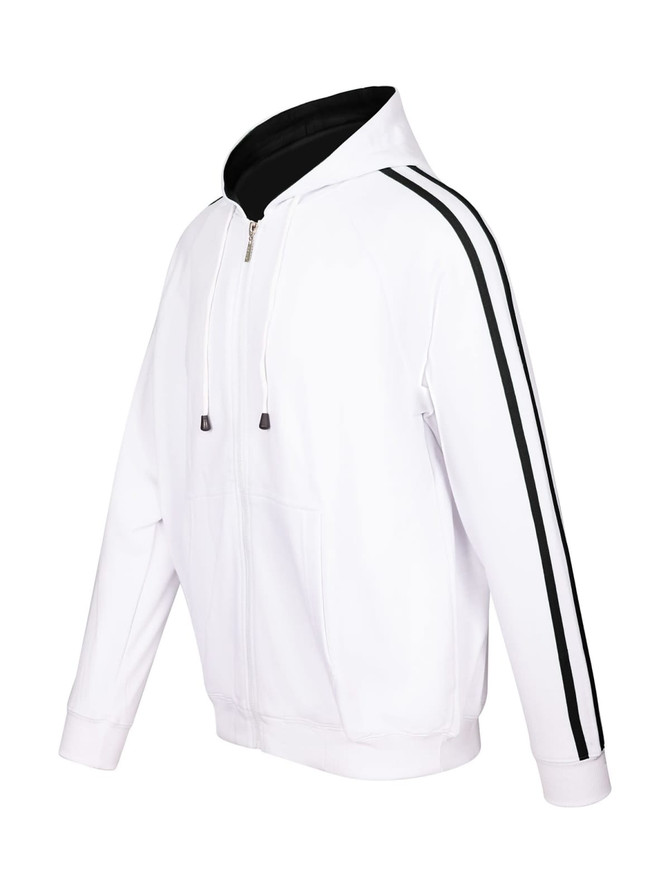 A white hoodie featuring black stripe sleeves, designed with a zip and a hood. It includes a logo on the garment.