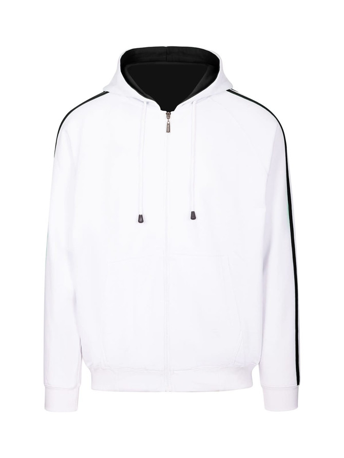 A white hoodie with black stripe accents on the sleeves and a front zip closure. It features a hood and has a logo.