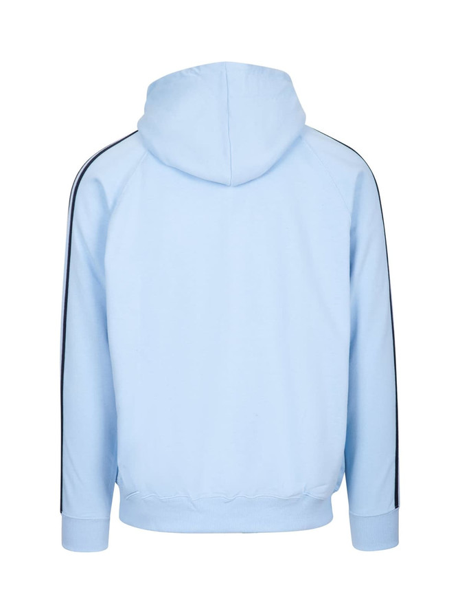 A light blue men's hoodie featuring black stripe details along the sleeves and a kangaroo pocket. It has a hood and ribbed cuffs.