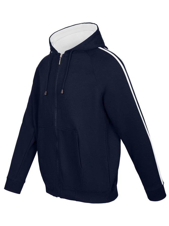 A navy hoodie with white stripe sleeves, featuring a front zipper and a hood, along with a front pocket and branding.