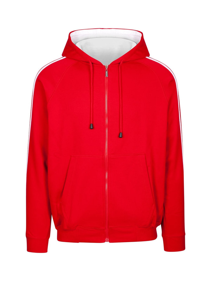 A red unbrushed hoodie featuring white stripe sleeves and a front zipper, complete with a hood and pockets.