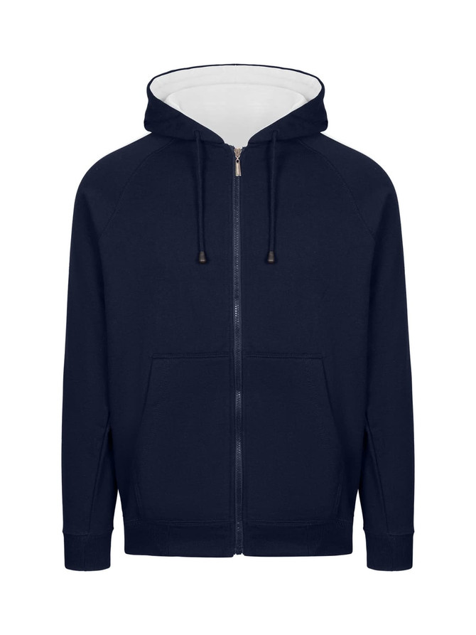 A navy unbrushed hoodie with a white-lined hood, featuring a zipper and front pockets. It has a logo on it.