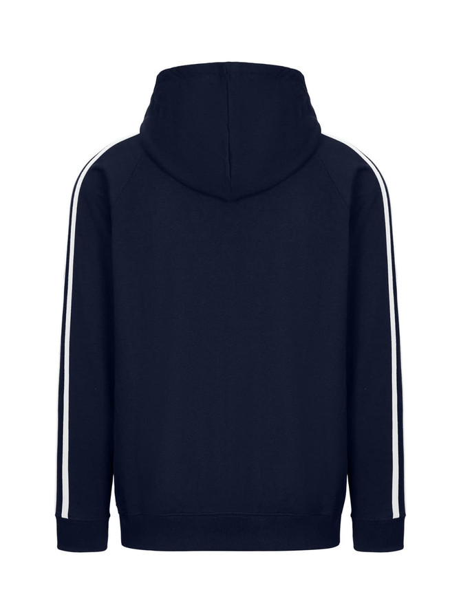 A navy hoodie with white stripe sleeves and a hood, featuring a logo on the back.