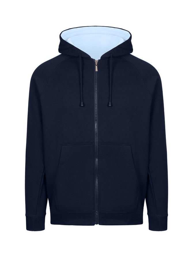 Men's unbrushed hoodie featuring a navy exterior and light blue interior, with a front zip and pockets.