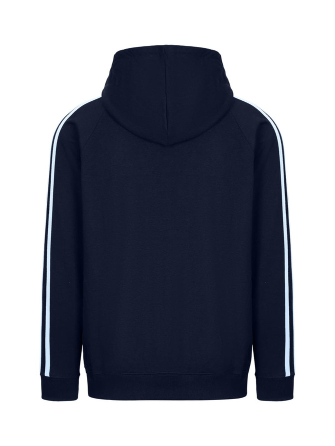 A navy hoodie featuring unbrushed fabric and light blue stripe sleeves. Includes a hood and a logo.