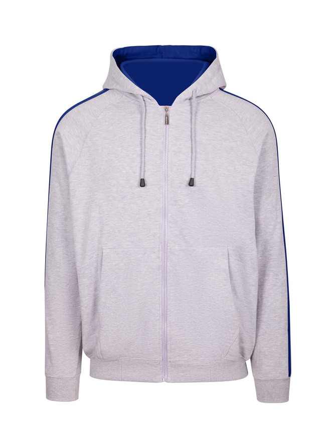 A grey hoodie featuring blue stripe sleeves and a zipped front. It has a lined hood and a logo on the front.
