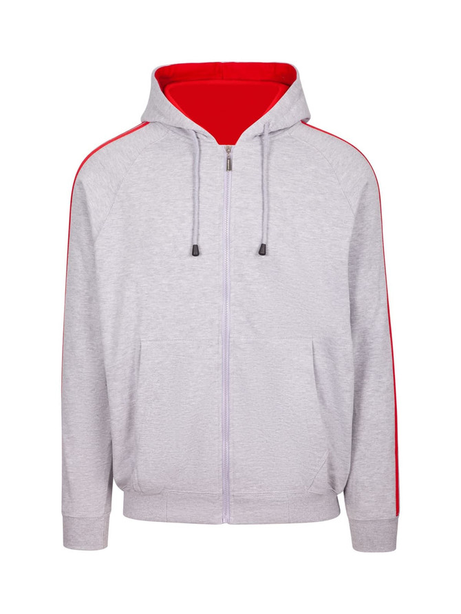 A grey hoodie with red stripe sleeves and a red inner lining, featuring a zipper and two front pockets.