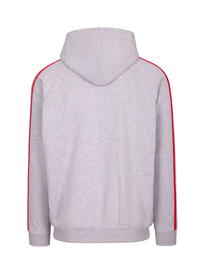 A grey hoodie featuring unbrushed fabric with red stripe accents on the sleeves and a hood. It has a logo.