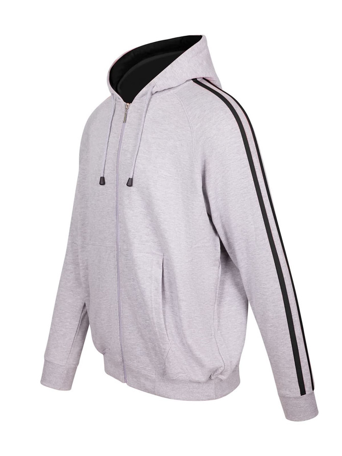 A grey hoodie with black stripe sleeves, featuring a zip front and pockets. It has a logo on the front.