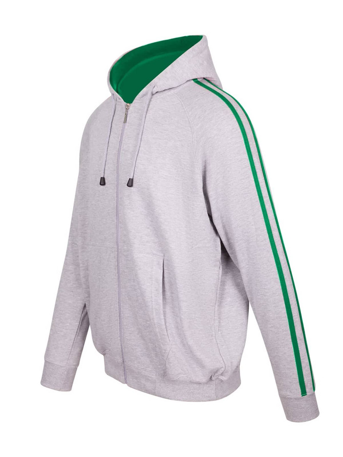 A grey hoodie with green stripe sleeves, featuring a full zipper and pockets, and a hood. It has a logo.