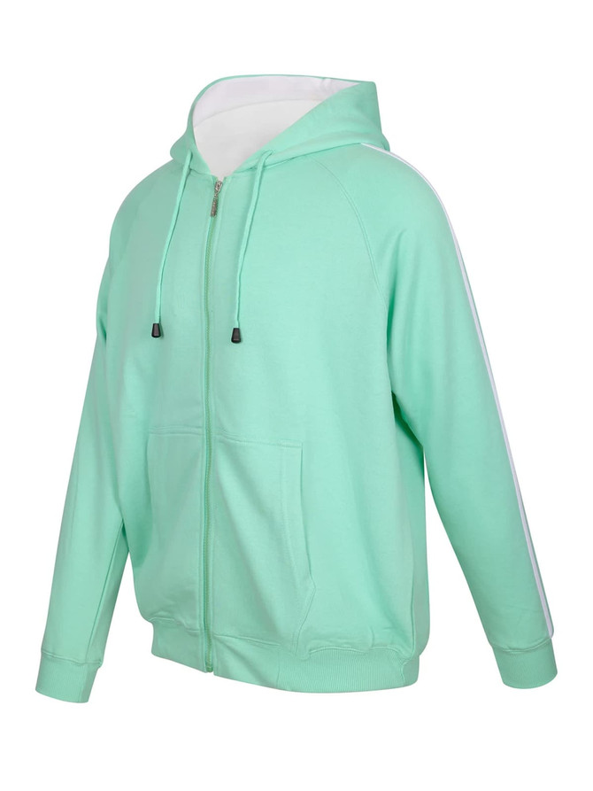 A mint green hoodie with unbrushed fabric and contrasting stripe sleeves, featuring a zipper and a front pocket.