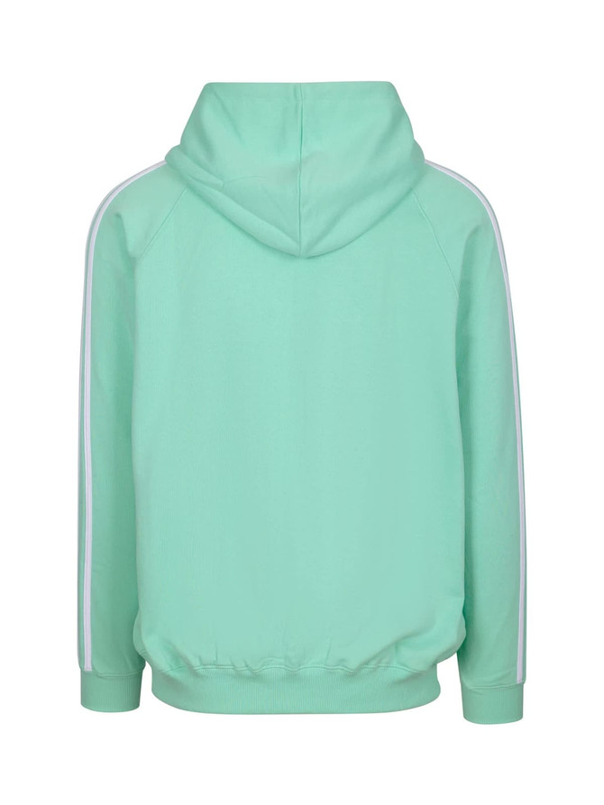 A mint green hoodie featuring stripe sleeves and a hood, with a fitted waistband at the bottom.