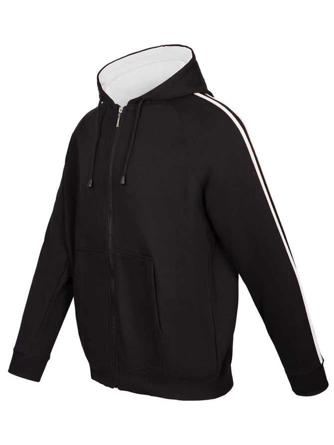 A black unbrushed hoodie with stripe sleeves, featuring a front zipper and a hood. It has a logo on it.