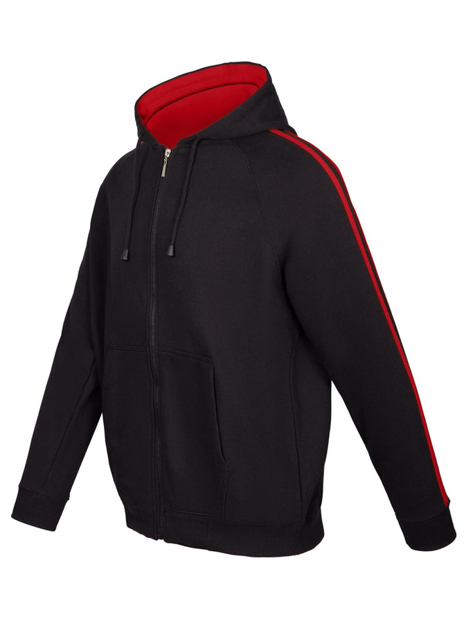 A black hoodie with red stripe details on the sleeves and a red interior, featuring a zip and front pockets.