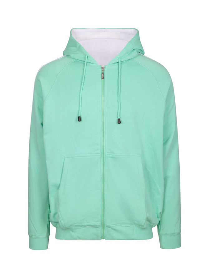 A mint green men's hoodie with stripe sleeves, featuring a zip front and kangaroo pockets. It has a logo on the front.