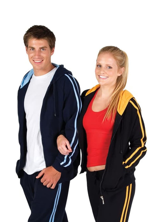 A navy hoodie with blue stripes and a black hoodie with orange stripes, worn by two models.