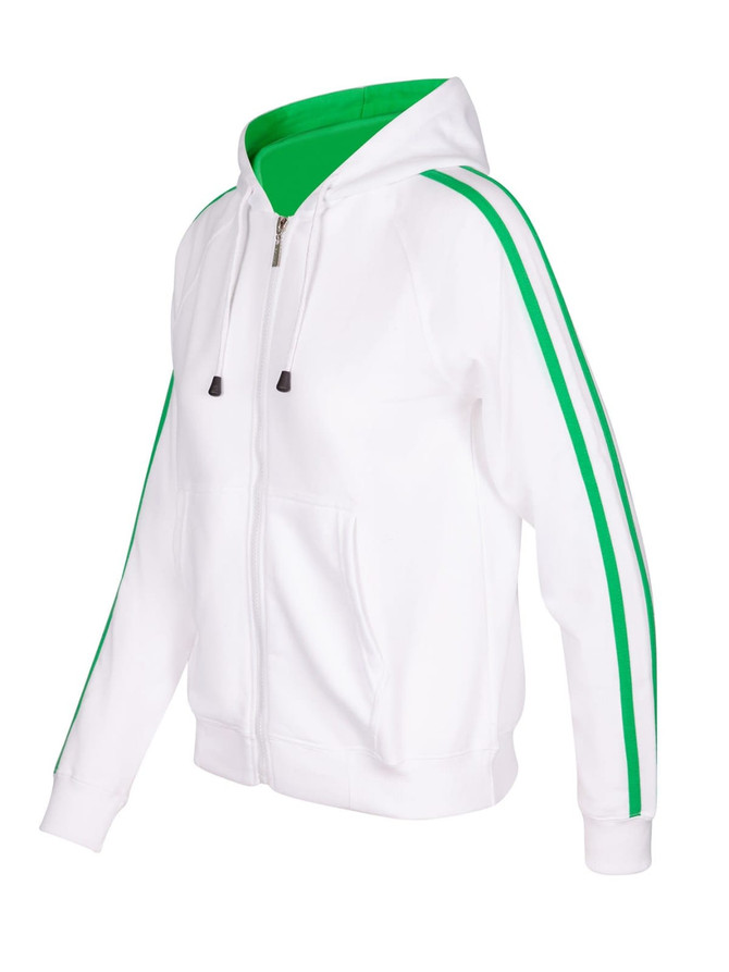 A white hoodie with green stripe sleeves and a green lined hood, featuring a zip and front pockets.