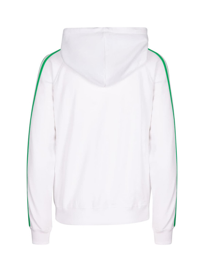 A white hoodie with green stripes on the sleeves and a drawstring hood, featuring a logo on the back.