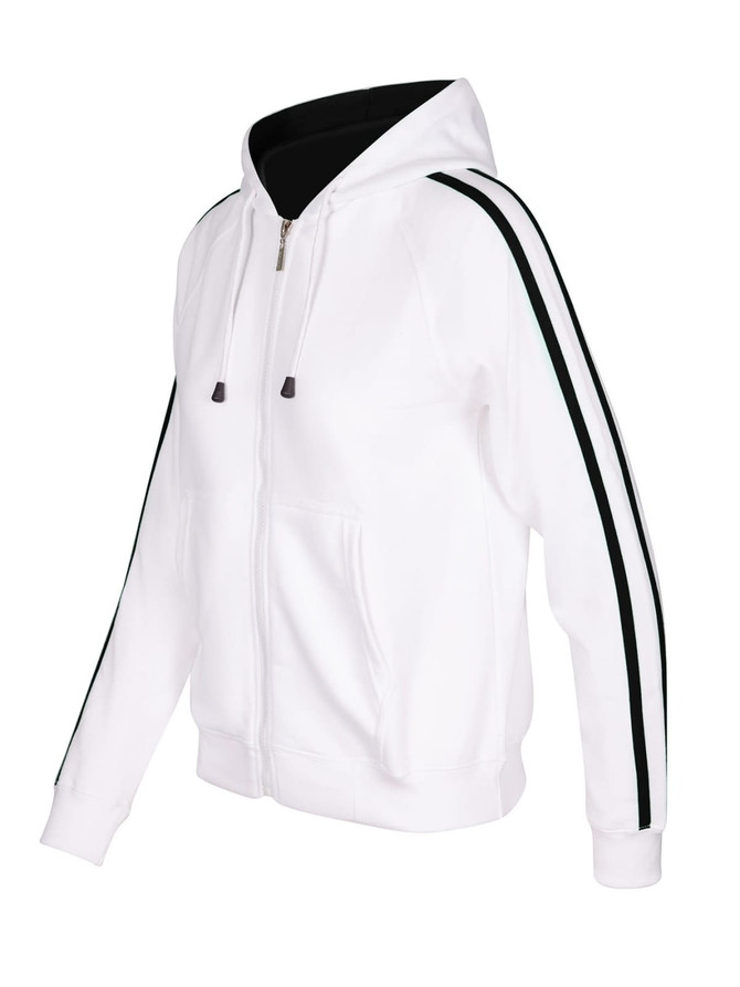 A white hoodie with black stripe sleeves, featuring a front zip and a large hood. The design includes a logo.