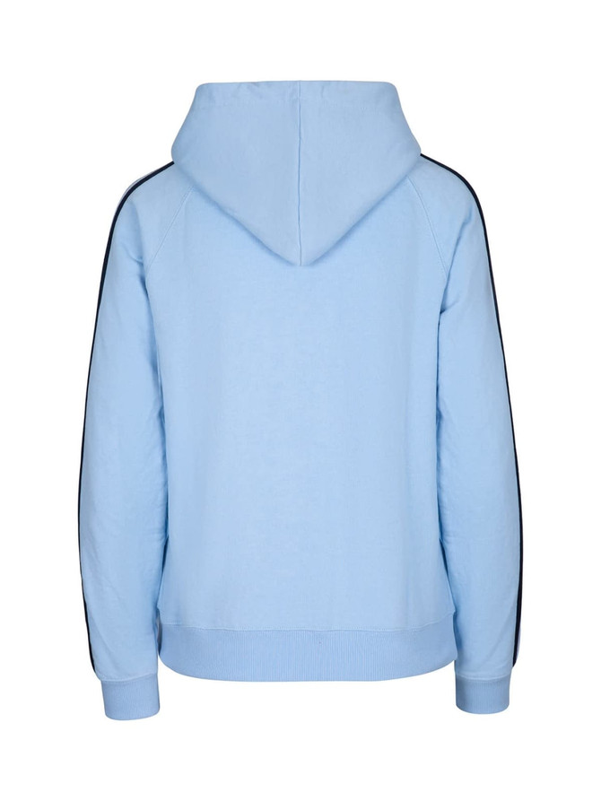 A light blue hoodie with black stripe sleeves and a kangaroo pocket, featuring a hood and a simple design.