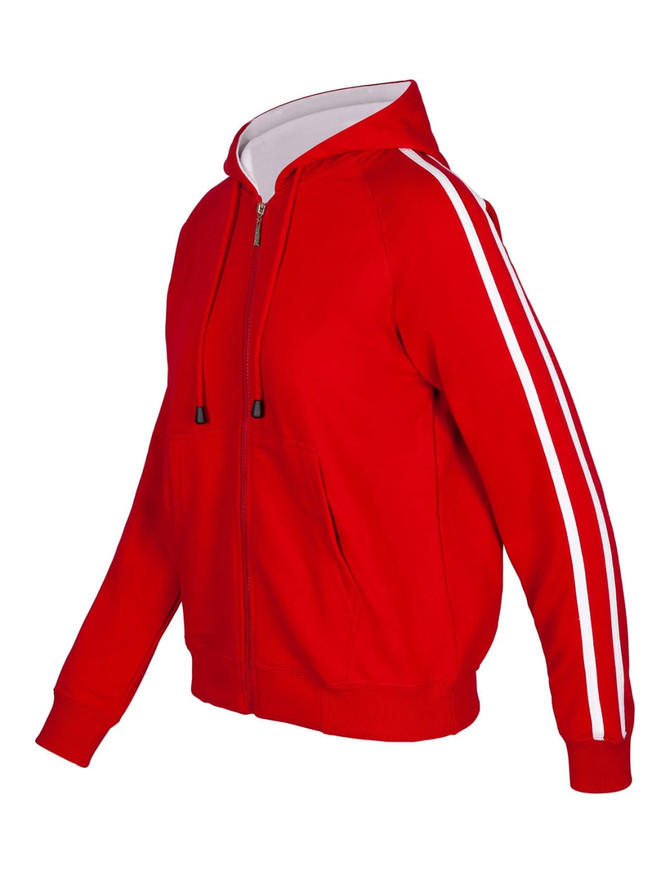A red hoodie featuring white stripe sleeves and a front pocket, with a zipper and hood. It has a logo on it.