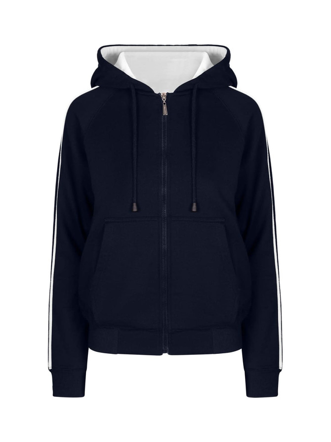 A navy hoodie with white stripe sleeves, featuring a front zip and a drawstring hood. It has a logo on the front.