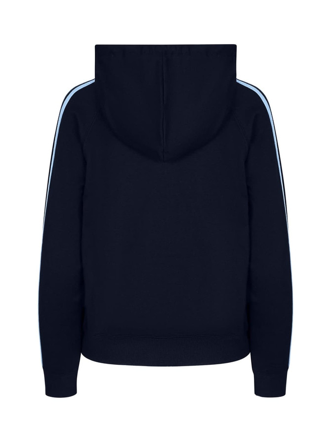 A navy hoodie with light blue striped sleeves and a kangaroo pocket, featuring a hood at the back.