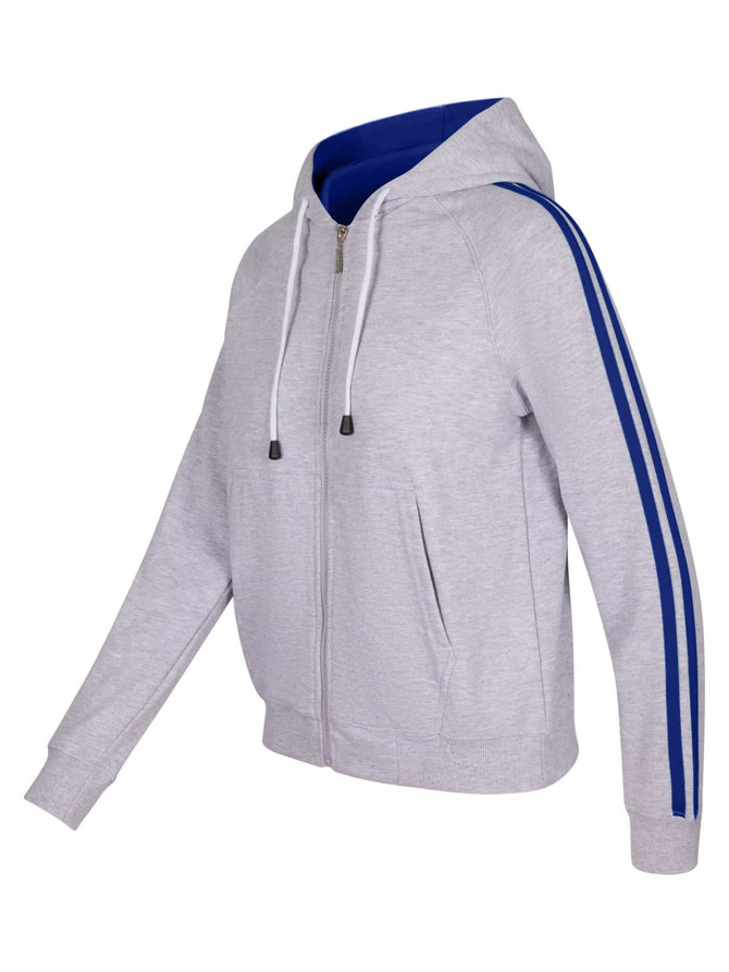 A grey women's hoodie with blue stripe sleeves, featuring a zip front and a hood. It includes a logo on the front.