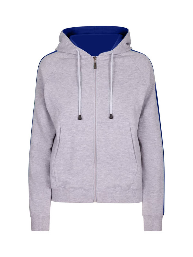 A grey hoodie with blue striped sleeves and a front zipper. Features a hood and pockets, and includes branding.