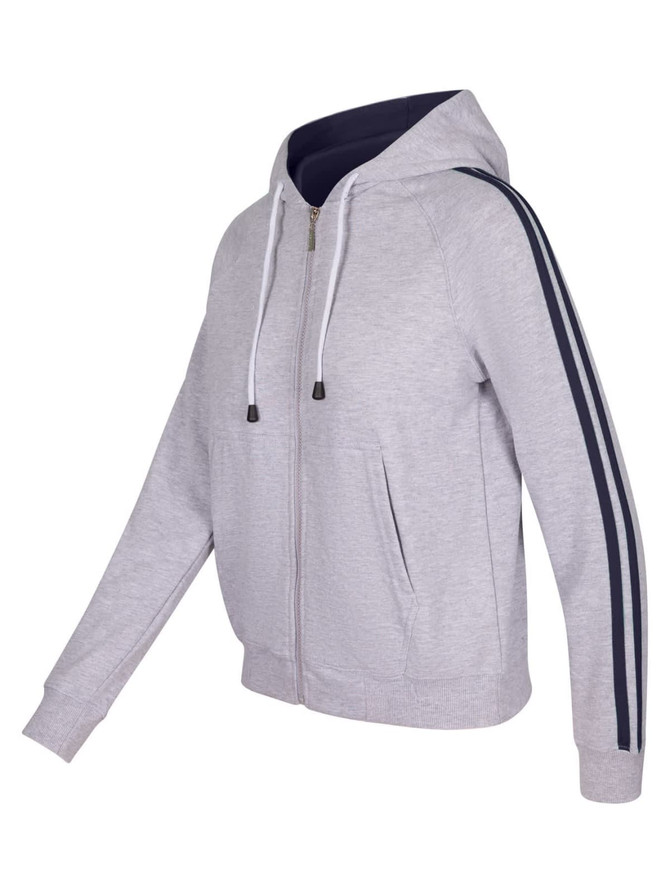 A grey women's hoodie with navy stripe sleeves and a front zipper, featuring a hood and pockets.