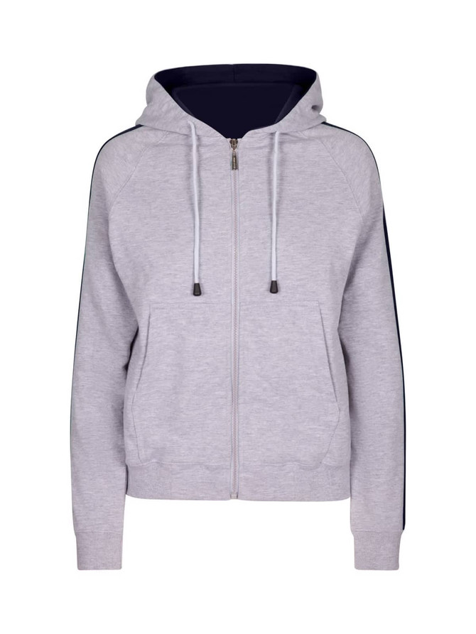 A grey women's hoodie with striped navy sleeves, featuring a front zip, drawstring hood, and two front pockets.