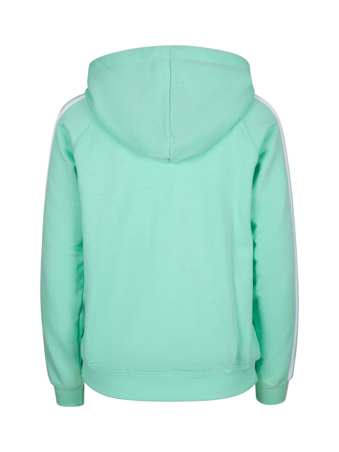 A mint green hoodie featuring striped sleeves and a hood, with a plain back and ribbed cuffs.