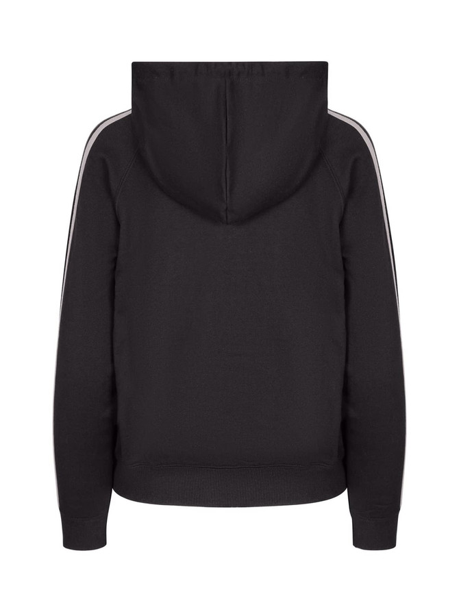 A black women's hoodie featuring stripe sleeves and a hood, designed as a casual jumper.