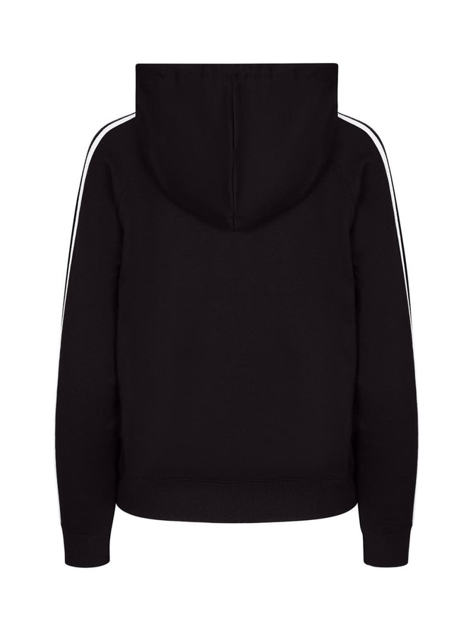 A black hoodie with stripe sleeves and a hood, featuring a logo on the back.