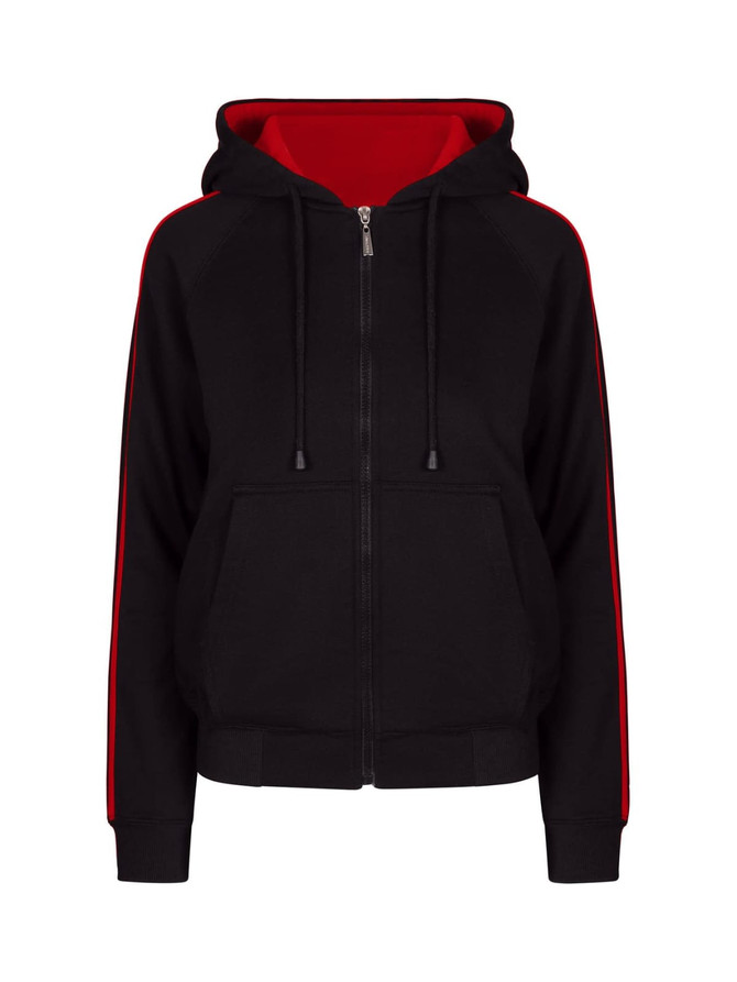 A black hoodie with red stripe sleeves and a red interior. It features a zip front and front pockets.