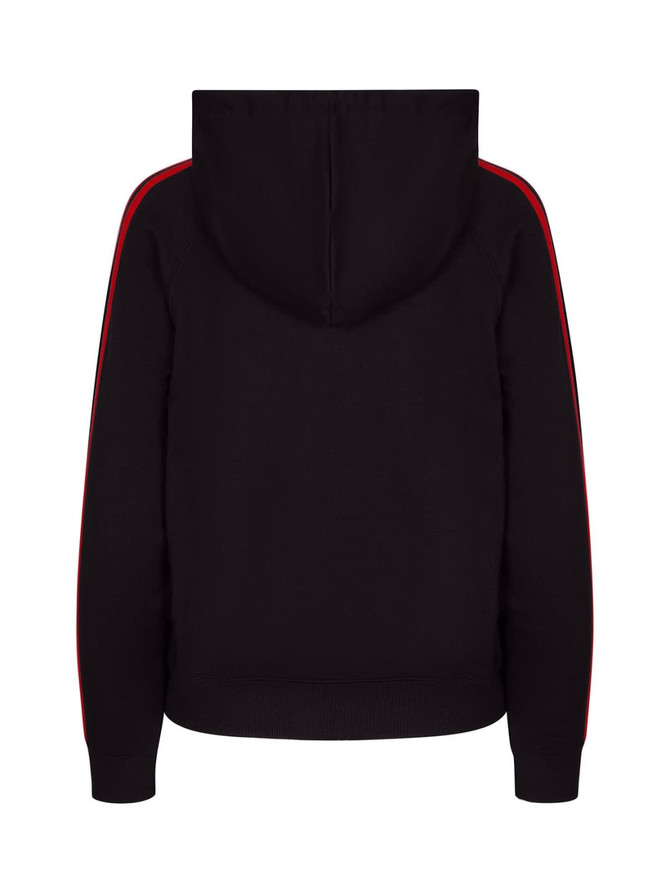 A black hoodie featuring red stripe sleeves and a hood. Includes a logo on the garment.