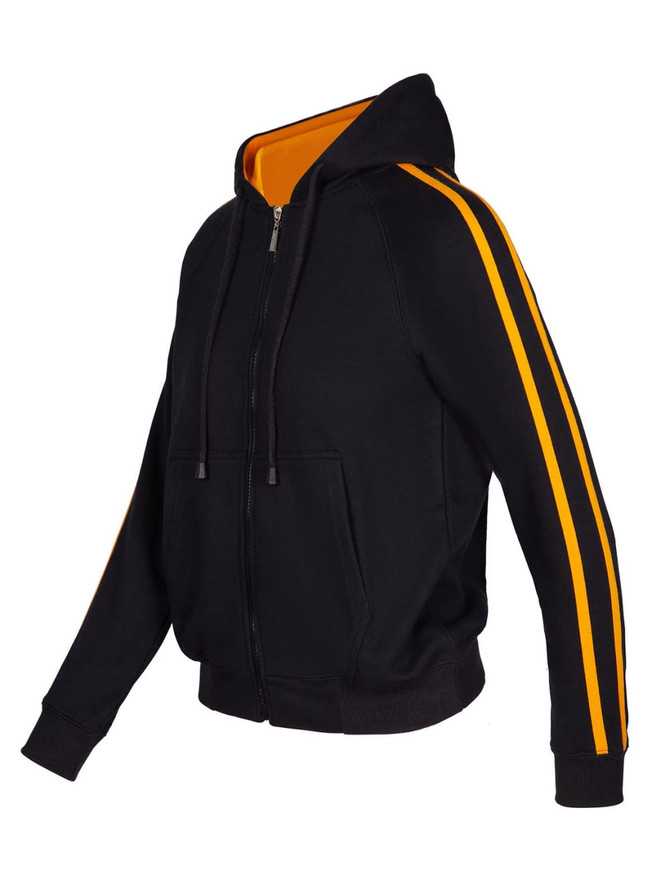 A black hoodie with orange stripe sleeves and a contrasting inner lining, featuring a zip closure and hood.