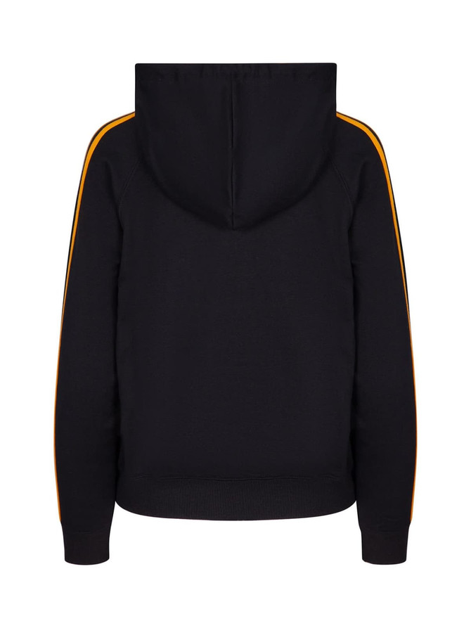 A black hoodie with orange stripe details on the sleeves and a hood, featuring a logo on the back.