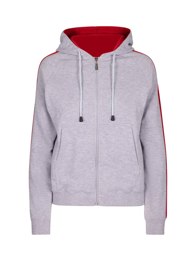 A grey hoodie with red stripe sleeves, featuring a front zip and kangaroo pockets. It has a hood and a brand logo.